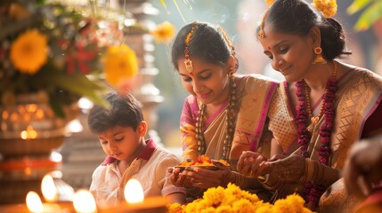 indian family in temple celebrating gudi padwa, ugadi