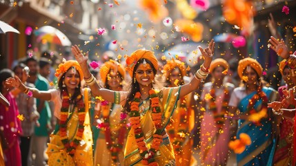 Indians celebrating gudi padwa street festival - obrazy, fototapety, plakaty