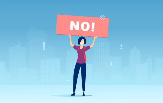Vector of a woman holding NO sign protesting against discrimination and abuse