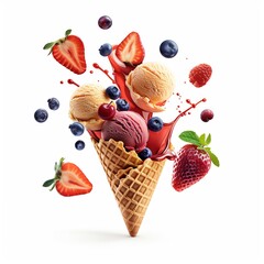 A delicious ice cream cone with multiple scoops of different flavors, surrounded by flying blueberries and strawberries in the air, splashing red syrup on white background.