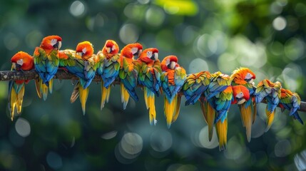 A group of colorful parrots on a tree branch