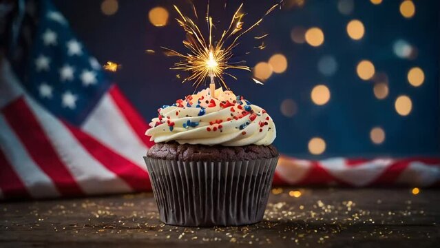 Delicious sweet cupcake, American flag, holiday background

