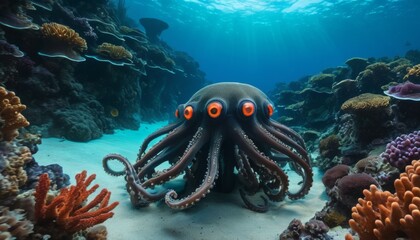 A vibrant octopus glides through a coral reef, its tentacles flowing gracefully amongst the vivid marine life.