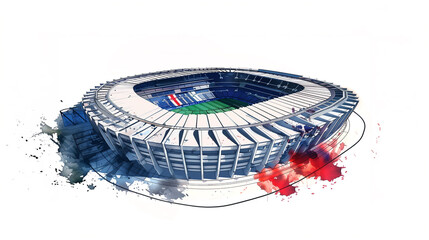 Sketch of the studium Parc des Princes in Paris with some watercolor elements in the French flag colors.