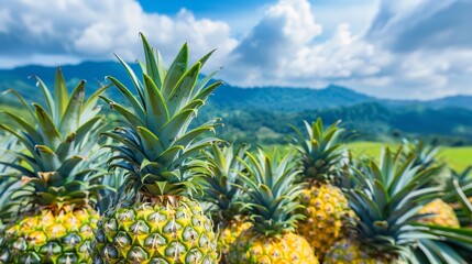 A field with an idyllic view of the blue sky and mountains is the site to a plantation manufacturing sweet clean pineapples exotic tropical fruits and space, Generative AI. - obrazy, fototapety, plakaty