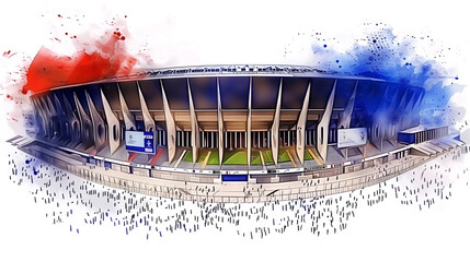 Sketch of the studium Parc des Princes in Paris with some watercolor elements in the French flag colors. - obrazy, fototapety, plakaty