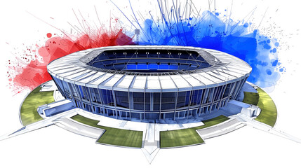 Sketch of the studium Parc des Princes in Paris with some watercolor elements in the French flag colors. - obrazy, fototapety, plakaty