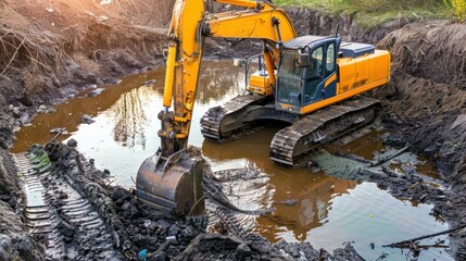 excavator machine dredging canal, AI generated