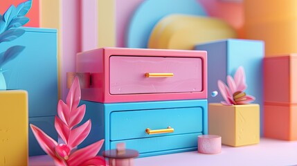 Colorful and Minimalist Drawers Arrangement in Pastel Tones for Modern Home Decor Photography