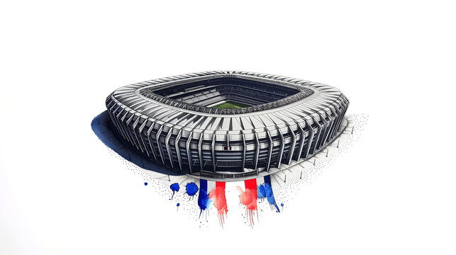 Sketch of the studium Parc des Princes in Paris with some watercolor elements in the French flag colors.