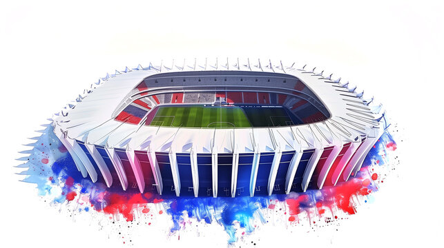 Sketch of the studium Parc des Princes in Paris with some watercolor elements in the French flag colors.