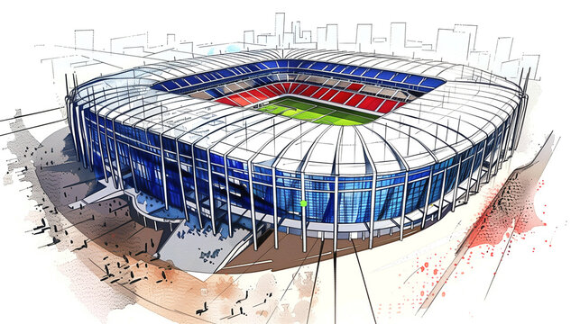 Sketch of the studium Parc des Princes in Paris with some watercolor elements in the French flag colors.