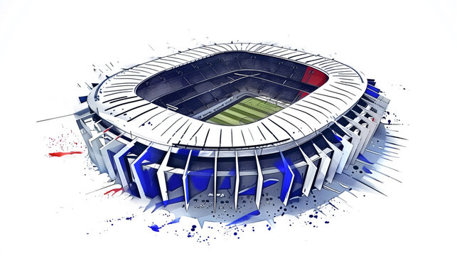 Sketch of the studium Parc des Princes in Paris with some watercolor elements in the French flag colors.