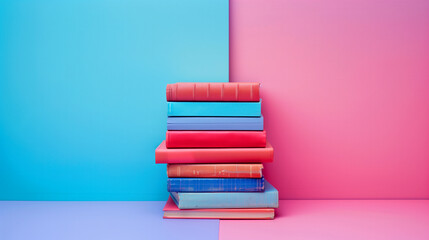 A stack of books is on a blue and pink background. The books are of different sizes and colors, and they are piled on top of each other. Concept of organization and order. A neatly stack of books