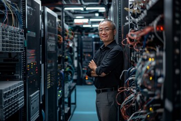 Confident Asian IT specialist standing with arms crossed in a server room filled with equipment.