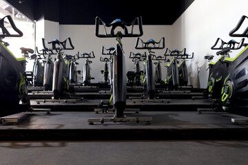 Healthy lifestyle concept. Spinning class with empty bikes. fitness, sport, training