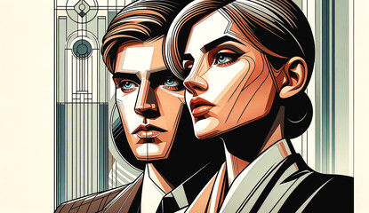 A stylized illustration of a man and woman in art deco style, featuring sharp contrasts and geometric shapes. Their faces blend modernity and classicism, with a background echoing the opulent era.