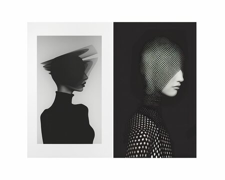 Black and white closeup portraits of a woman's head with mesh and a woman's face, abstract artistic concept