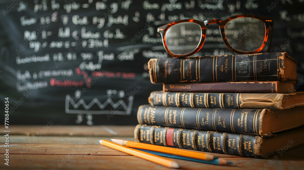 Poster a stack of books with glasses and pencils on a table in front of a blackboard with equations