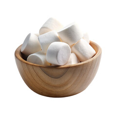 White marshmallow on wooden bowl isolated on transparent background.