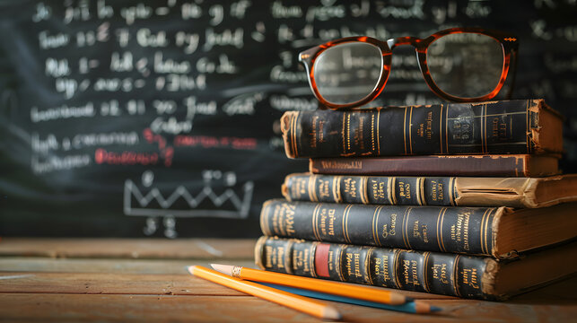A stack of books with glasses and pencils on a table in front of a blackboard with equations