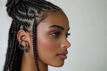 Stunning African American woman with box braids in profile isolated on white background