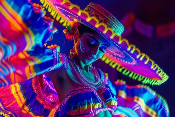Fabulous Cinco de Mayo female dancer in neon light. Beautiful female model in traditional costume...