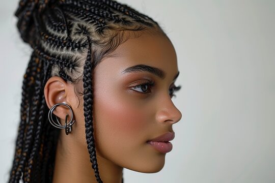 Stunning African American woman with box braids in profile isolated on white background