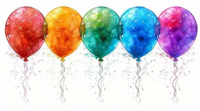   A rainbow of balloons bobbing in the sky, dabbed with paint at the base