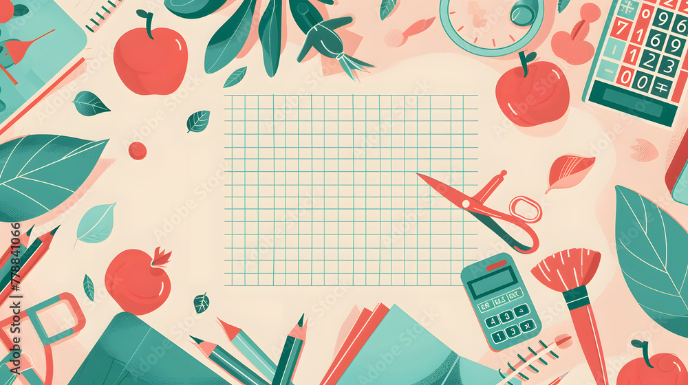 Poster a winsome flat cartoon vector design with educational essentials, grid pattern in the core of the pi