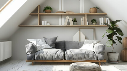 Cosy sofa behind a wooden shelving unit on a white wall. Scandinavian interior design for a contemporary, chic attic living room