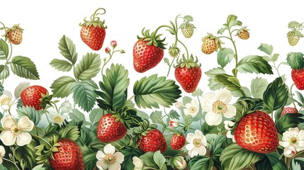 An illustration of oil art of strawberries in a clean surface with a big space for text or product, Generative AI. - obrazy, fototapety, plakaty