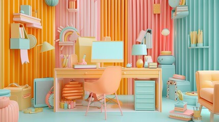 Vibrant and Organized Home Office Space with Retro Inspired Decor and Modern Furnishings