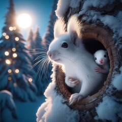 écureuil blanc avec son petit caché dans un trou dans le tronc d'un arbre, ambiance neige , claire de lune , flou à l'arrière , qualité HD, vue de proche 