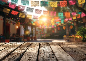 Empty wooden table with Mexican fiesta background in the background