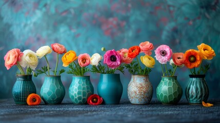   Vases with colorful flowers on a wooden table beside a blue and green wall