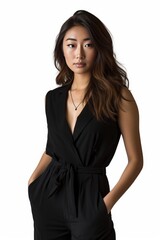 Full face no crop of a Pretty Young Japanese Super Model in a Structured Black Jumpsuit and Heels, exuding modern sophistication with a poised demeanor. photo on white isolated background