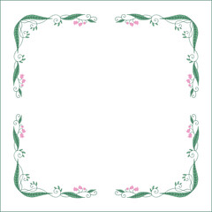 Green floral frame with pink flowers, lily of the valley decorative corners for greeting cards, banners, business cards, invitations, menus. Isolated vector illustration.	