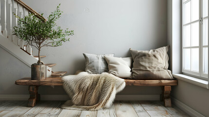 Fur blanket and pillows on a wooden bench next to a window against a grey wall. wooden stairway. Nordic farmhouse interior design of a contemporary entrance - obrazy, fototapety, plakaty