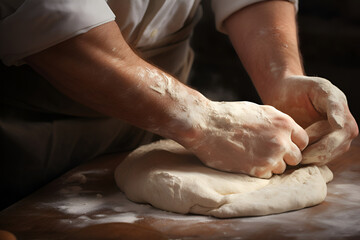 Male hands of chef kneading dough in flour on kitchen table. AI Generative. Close up