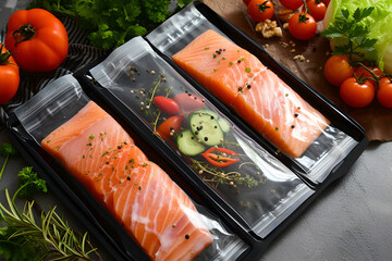 Vacuum sealer bags with different fresh vegetables and fish on dark background. Freezing healthy food products with degasser. Generative AI