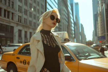 Beauty blonde woman or business woman with handbag and sunglasses walking on big city street...