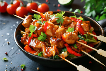Asian cuisine dish, Chicken kebab with vegetables, in sweet and sour sauce, on skewers. National...