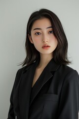Full face no crop of a Pretty Young Japanese Super Model in a Structured Blazer and Pencil Skirt, exuding modern sophistication with a serene gaze. photo on white isolated background