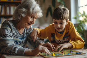 Grandmother and grandson play board game with wooden blocks. Concept of family relationships, traditions and pastime. Development fine motor skills and spatial thinking. AI Generative