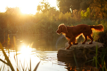 Irish red setter playing near pond on sunset in golden hour. Hunting dog breeds on the hunt for ducks. Generative AI