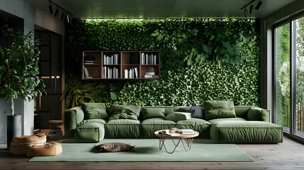 Green wall with book shelf and sofa in green. Scandinavian interior design of a contemporary living room featuring vegetation - obrazy, fototapety, plakaty