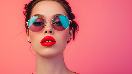 Naklejka premium Beauty young woman model, with bright red lips and sunglasses on pink background. Fashion photo shooting for advertising decorative cosmetics. Copy space for text, banner. Generative AI