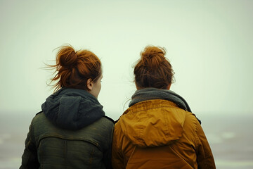 Two young redheads Irish women, travelers, sisters or friends. Back view. Girls in hipster clothes against the backdrop of misty mountains. Tourism, active recreation. Generative AI