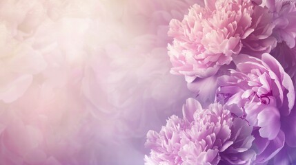 Beautiful pink peony flowers on a soft purple background with space for text, floral concept